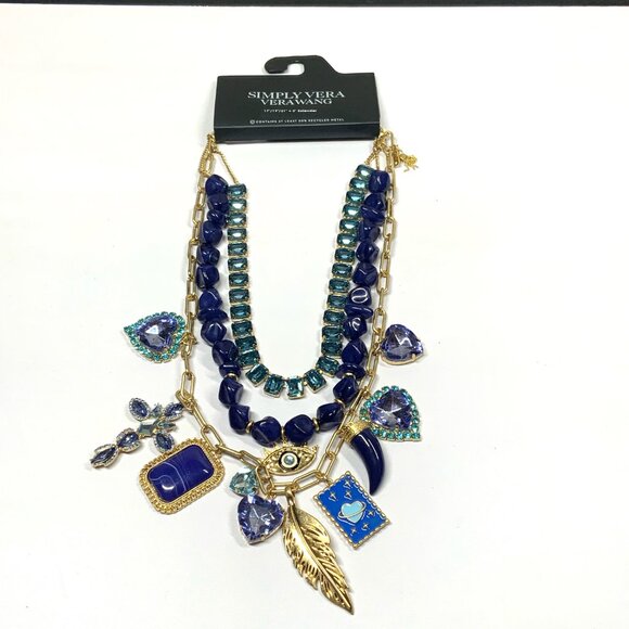 Simply Vera Wang Gold Tone 3 Row Charm Statement Necklace Evil Eye Heart Feather - Picture 6 of 9